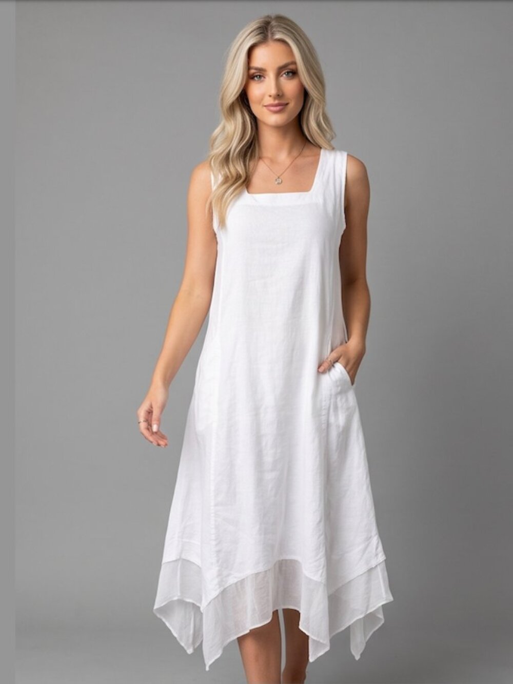White Sleeveless Linen Blend Handkerchief Hem Midi Dress